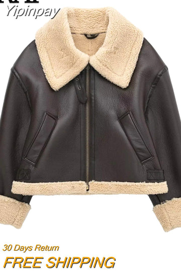 Yipinpay Brown Fleece Jacket Women Double Faced Cropped Jacket Autumn Zip Up Short Jacket Female Very Warm Woman Winter Coat 2023